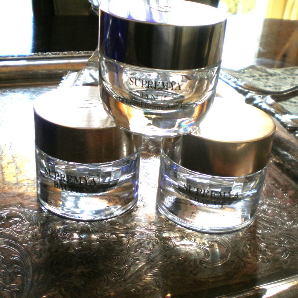 SET of 3 THREE  SISLEY Empty Crystal Glass Jars with Gold Lids, Made in France